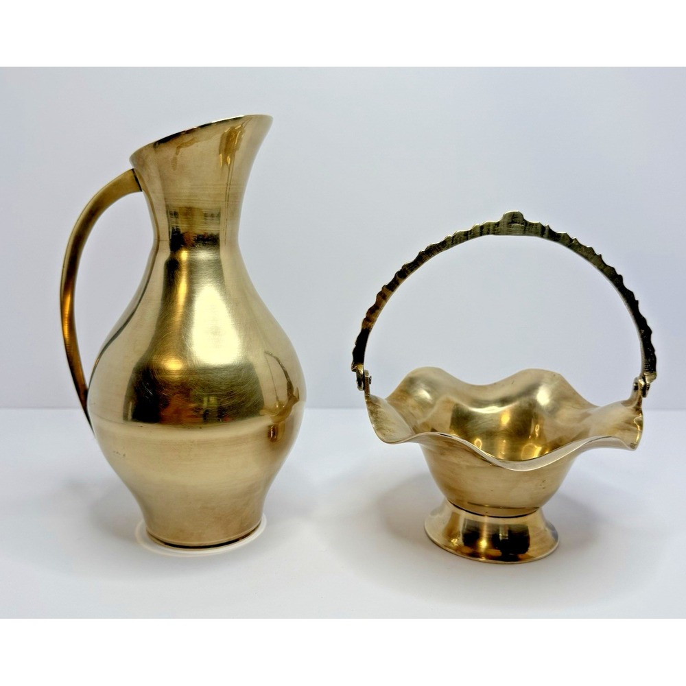 Shiny Solid Brass Decor Bundle Pitcher And Basket For Shelf Styling.
